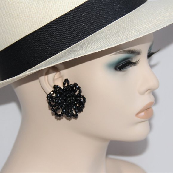 Vintage Lois Ann Black Crystal Flower Earrings - Picture 1 of 8